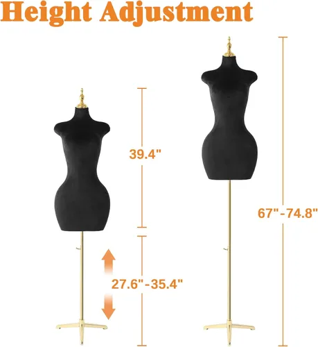 Miniatura 6 de Maniquí femenino de velour negro, con soporte de trípode ajustable en altura, para ropa y joyería, forma de vestido y exhibición de joyería