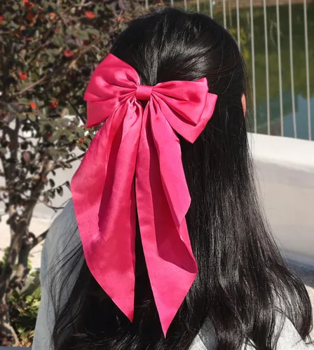 Miniatura 2 de Furling Pompoms Lazos para el cabello para mujer, lazos grandes de color rosa para niñas, cinta blanca para el cabello, colas largas de satén con 9
