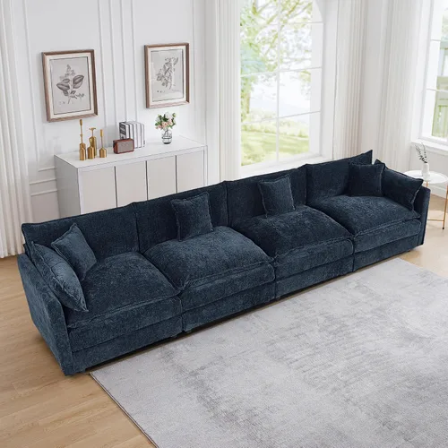 Miniatura 30 de Setawix Sofá Profundo de 3 Plazas con Otomana, Sofás de Nube en Forma de L de 112.2" para Sala de Estar, Sofá de Nube de Chenilla con Asiento Café