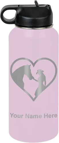 Miniatura 26 de LaserGram Botella de agua personalizada, corazón de vaquera de caballo, acero inoxidable de doble pared aislada al vacío con popote superior, regalo