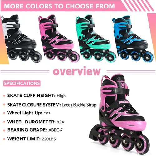 Miniatura 5 de METROLLER Patines en línea para niñas y niños Edades 5-8 8-12 Patines en línea ajustables con ruedas iluminadas Patines en línea para jóvenes y Rosa