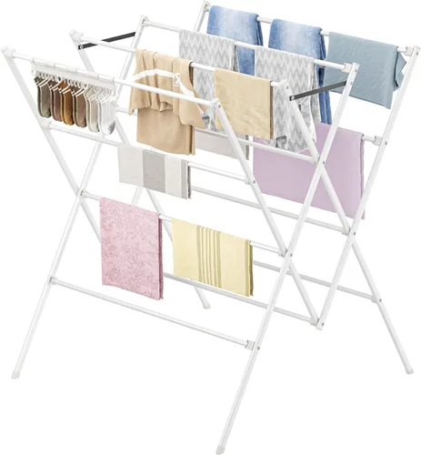 Miniatura 10 de HOMIDEC Tendedero de secado de ropa, 12 postes de secado grandes con clips para calcetines, estante de secado de ropa, plegable, portátil, para Plata