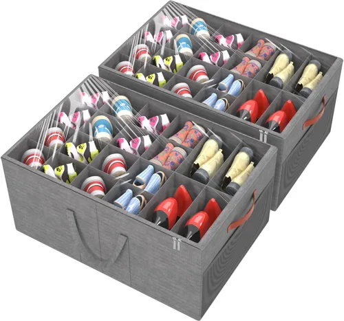 Miniatura 9 de Aokeyee Paquete de 2 organizadores de zapatos para armario, caja organizadora plegable de almacenamiento de zapatos con cubierta transparente y 4