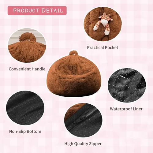 Miniatura 8 de WSOFRLAC Bean Bag Cover (No Filler), Stuffed Animal Storage Bean Bag Covers for Kids, Soft Faux Fur Washable Cover with Pocket Handle, Comfy Fluffy