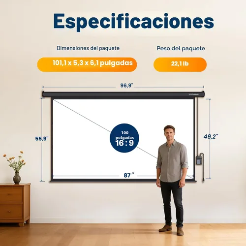 Miniatura 8 de VIVOHOME Pantalla de proyector motorizada 16:9 de 100 pulgadas con control remoto, pantalla de proyección eléctrica automática, pantalla de película