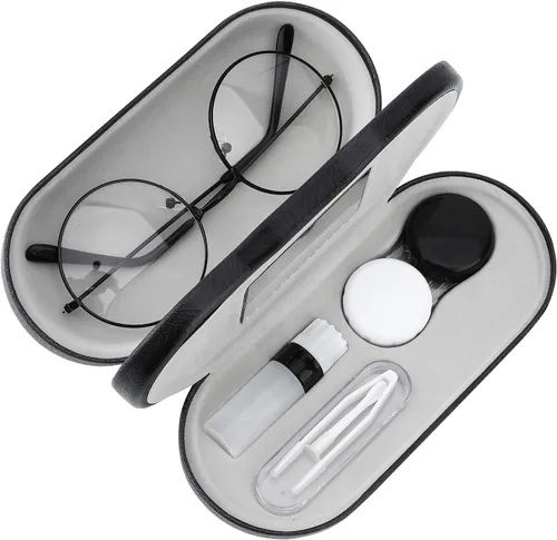 MoKo Estuche Doble para Anteojos, Estuche para Lentes de Contacto con Espejo y Pinzas Removedoras, 2 en 1 de Doble Cara Portátil Caja Soporte