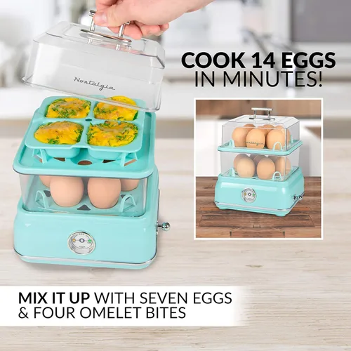 Miniatura 5 de Nostalgia CLEC14AQ Retro Premium Cocedor Eléctrico de Huevos Duros Grande de 14 Huevos, Escalfados, Revueltos, Tortillas, Claras, Sándwiches