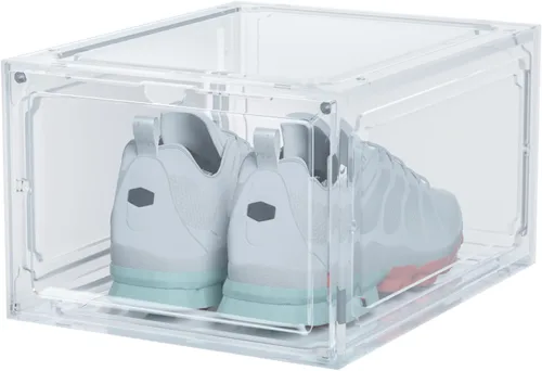 HIYOHIYO Cajas de zapatos apilables de plástico transparente tamaño 14, contenedores magnéticos para zapatos, caja de almacenamiento plegable para
