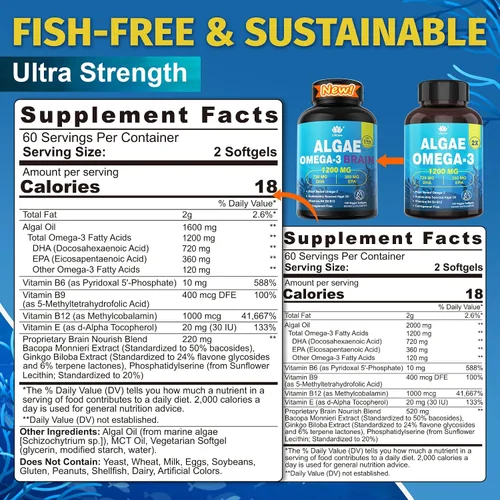 Miniatura 2 de Suplemento vegano Omega 3, Omega 3 DHA EPA a base de plantas con B12, B6, B9, vitamina E, Bacopa Monnieri, Ginkgo Biloba, 120 unidades de aceite