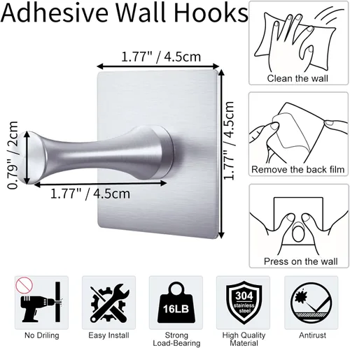 Miniatura 6 de DGYB Ganchos autoadhesivos para colgar, juego de 4 ganchos de pared adhesivos de acero inoxidable de alta resistencia de níquel cepillado, ganchos