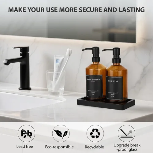 Miniatura 5 de Dispensador de jabón de vidrio ámbar, dispensadores de jabón de manos para baño con bomba de acero inoxidable, juego de dispensador de jabón