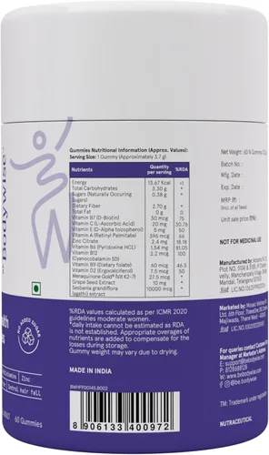 Miniatura 7 de Be Bodywise Gomitas para el crecimiento del cabello con biotina para mujeres I sin azúcar I Vitaminas para la piel y las uñas I Biotina, zinc, ácido