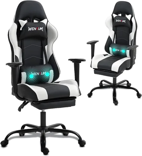 Miniatura 15 de Silla de videojuegos de piel sintética para masaje, silla de videojuegos para PC con soporte lumbar para hombres y mujeres, oficina en casa, altura