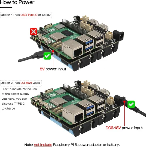 Miniatura 4 de Geekworm X1202 Placa de expansión UPS de 4 celdas y 5 V para Raspberry Pi 5 Salida máxima de 5.1 V 5 A Entrada ancha de 6 a 18 V Encendido