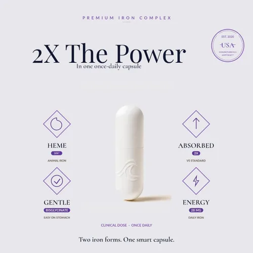 Miniatura 2 de Complejo de hierro Natural Flow 2X - Hemo de doble fuente + bisglicinato ferroso, 28 mg de hierro elemental con metilfolato, metilcobalamina B12