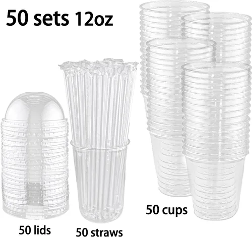 Miniatura 9 de Qsqwsuye Juego de 50 vasos desechables de plástico transparente de 12 onzas con tapas de cúpula y pajitas, vasos de plástico duraderos para fiestas