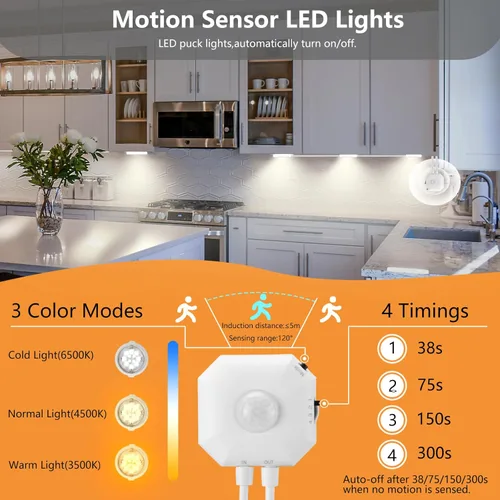 Miniatura 3 de Sensor de movimiento de luz LED para debajo del gabinete, 6 discos de 3 colores de apagado automático debajo de la encimera, luz blanca cálida