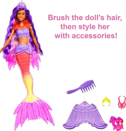 Miniatura 3 de Set de muñeca sirena Barbie Mermaid Power, muñeca de moda Barbie "Brooklyn" con mascota Phoenix y accesorios, juguete de sirena con aletas