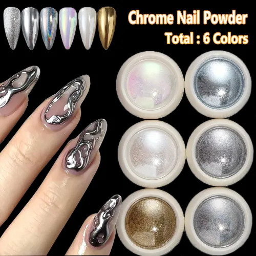 Miniatura 2 de Kit de polvo de uñas cromado con dijes de perlas de parte trasera plana, brillo de uñas cromado plateado, polvo de uñas cromado dorado para diseño