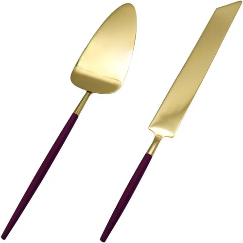 Miniatura 10 de Koyal Wholesale Juego de cuchillo y servidor para pastel de boda burdeos, cortador de pasteles y servidor con mango dorado para novia y novio, juego
