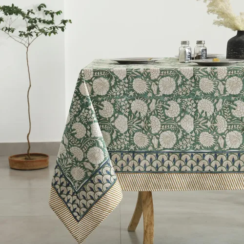 Miniatura 8 de Labhanshi Mantel rectangular de 6 plazas de algodón prelavado con estampado indio a mano, 60 x 90 pulgadas, diseño floral de algodón prelavado