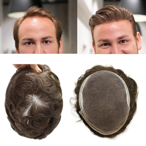 Miniatura 131 de Sistema de repuesto de cabello humano europeo con encaje frontal suizo para hombre, tupé para hombre, pieza de cabello, nudo blanqueado, línea #17