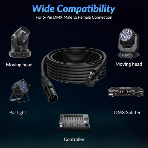 Miniatura 7 de Cable DMX de 5 pines de 15 pies, DMX512 XLR de 5 pines macho a hembra, transmisión de señal premium para iluminación de escenario, controlador