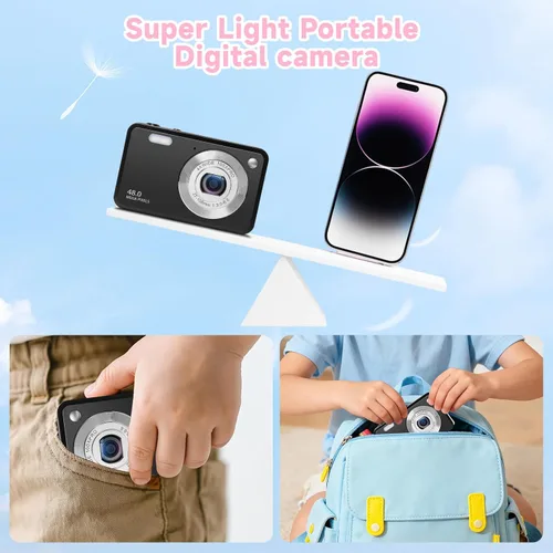 Miniatura 5 de Cámara digital para niños, cámaras digitales 1080P de 48MP para apuntar y disparar con tarjeta de memoria de 32 GB y zoom digital de 16X, cámara