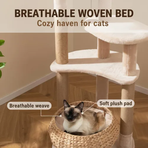 Miniatura 5 de Tangkula Árbol moderno para gatos, torre para gatos de 65 pulgadas de alto con postes rascadores de yute, bolas colgantes, cesta de espadaña