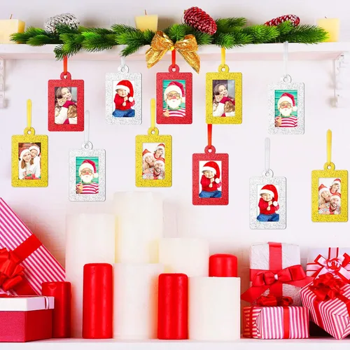 Miniatura 5 de Jetec 36 marcos de fotos con brillantina para decoración de árbol de Navidad, mini marco de fotos de fieltro, marco pequeño para colgar, regalos