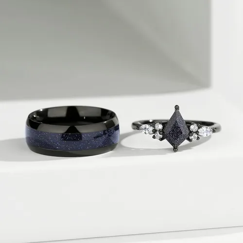 Miniatura 4 de Anillos de promesa personalizados para parejas, anillos negros a juego para parejas, anillo grabado de piedra arenisca azul en forma de cometa