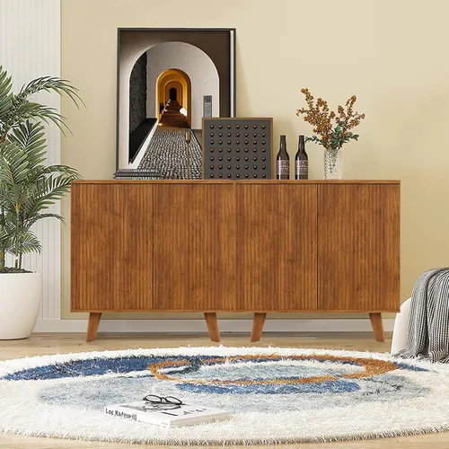Miniatura 7 de Armario de almacenamiento estriado, aparador de buffet moderno con estantes ajustables, aparador independiente con puertas dobles, armario Nogal