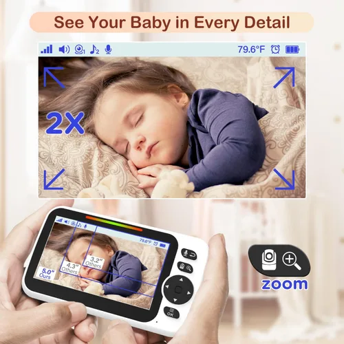 Miniatura 5 de Blemil - Monitor de bebé con batería de 30 horas, monitor de vídeo para bebé con pantalla grande dividida de 5 pulgadas, con cámara y audio, batería