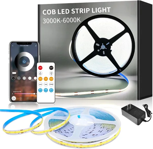 Tira de luz LED COB de 32.8 pies, color blanco, regulable, CC de 24 V, 6000 K, cinta de luz LED flexible para dormitorio, con control remoto y