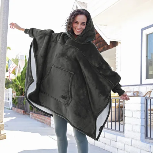 Miniatura 3 de Sudadera tipo poncho de gran tamaño, capa informal con capucha, abrigo con mangas murciélago, manta velluda, cómoda y espaciosa para adultos, unisex.