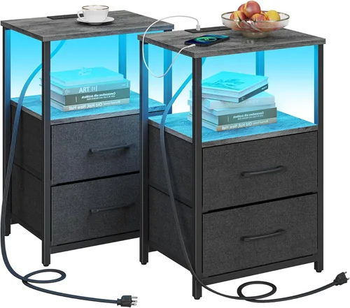 Miniatura 28 de TUTOTAK Mesita de noche LED con estación de carga, mesita de noche grande con puerto USB y Type-C, mesa de noche con cajones de tela, mesa auxiliar