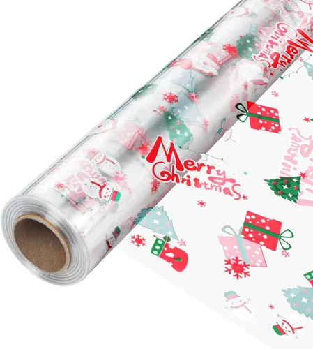 JOYIT Rollo de envoltura de celofán de Navidad de 100' de largo X 17.5” de ancho - Rollo de celofán de 3 mil de espesor, celofán transparente de