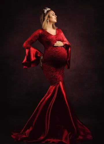 Miniatura 6 de ZIUMUDY Vestido ajustado de encaje de maternidad de manga larga maxi sirena fotografía vestido baby shower sesión de fotos