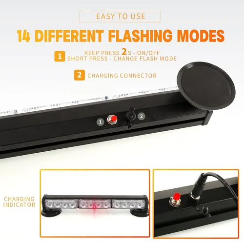 Miniatura 5 de Barra de luces estroboscópicas de emergencia alimentada por batería de 14 pulgadas para camión, vehículo, remolque, recargable, para carretera