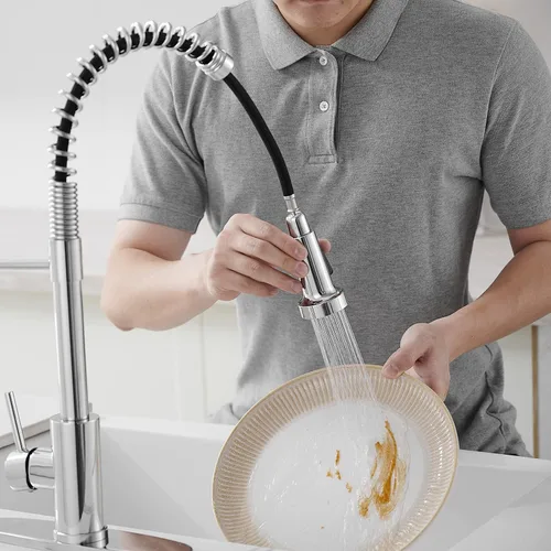 Miniatura 2 de VOTON Grifos de cocina cromados con rociador extraíble, grifo comercial de fregadero con resorte de acero inoxidable con tirador hacia abajo, mango
