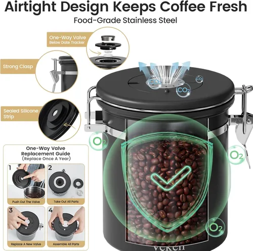 Miniatura 4 de Veken Recipiente de café con ventana, recipiente hermético de almacenamiento de alimentos de cocina de acero inoxidable con tapas, rastreador