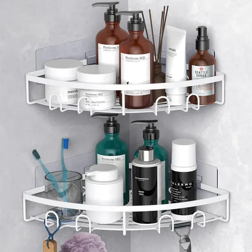 Miniatura 12 de Organizador de esquina para ducha, paquete de 2 estantes organizadores adhesivos para baño, ducha, sin perforaciones, a prueba de óxido, para montar