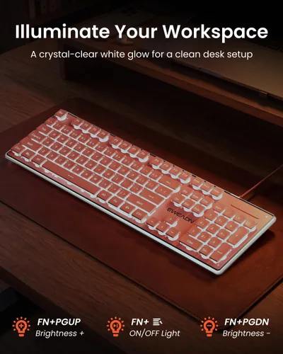 Miniatura 4 de SEUNKWANG EWEADN GX710S Teclados Retroiluminados para Computadora, Teclado USB con Cable con Retroiluminación Blanca, Panel de Metal, Plug and Play