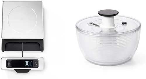 OXO Good Grips - Báscula de alimentos de acero inoxidable de 11 libras con pantalla extraíble y OXO Good Grips - Molinillo de ensalada grande, 6.22