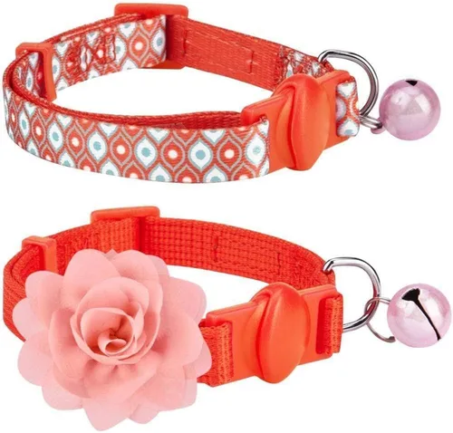 Miniatura 4 de Blueberry Pet Paquete de 2 collares de gato, The Flower Power Perfect Orange ajustable para gato con campana y flor desmontable, cuello de 9 a 13