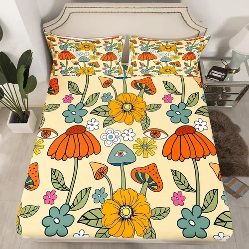 Miniatura 20 de Juego de sábanas ajustadas estilo 70s hippie retro para cama individual, juego vintage de otoño con hojas florales para niños y niños, juego de ropa
