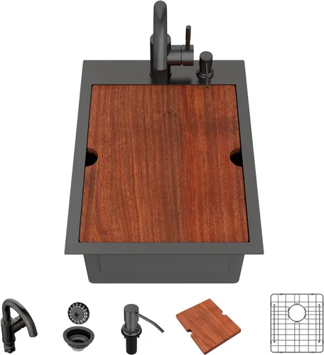Miniatura 33 de Lordear - Fregadero de barra – Fregadero de barra dorado de 13 x 15 pulgadas con grifo dispensador de jabón, estación de trabajo, calibre 16 T304