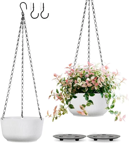 Miniatura 7 de Juego de 2 macetas colgantes para plantas de interior y exterior, macetas colgantes de riego automático de 8 pulgadas con platillo interno, orificio