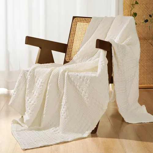 Miniatura 52 de PHF - Manta tejida de punto gofre 100% algodón, suave, ligera, transpirable, acogedora, de verano, para sofá y cama, tejida, estética, decoración