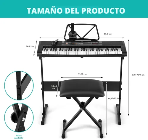Miniatura 2 de MUSTAR Teclado de piano de 61 teclas, teclado de piano eléctrico con teclas iluminadas, teclado de aprendizaje para principiantes con soporte